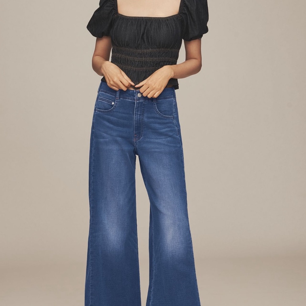 Adi Knit Mid-rise Flare Jeans in Medium Blue Wash by Pilcro